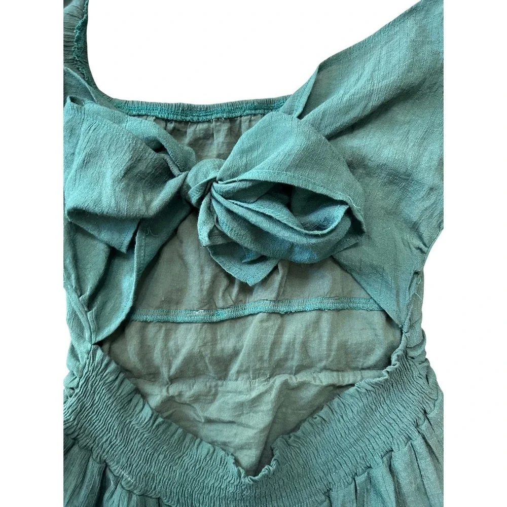 Boho Teal Green Puff Sleeve Tie‎ Back Cutout Mini Dress Smocked Ruffle Hem